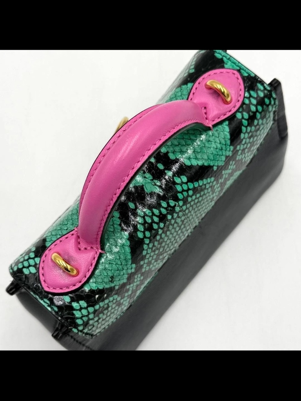 Mulberry Navy Leather Satchel with Green Snake-Print Flap & Raspberry Handle - Picture 9 of 16